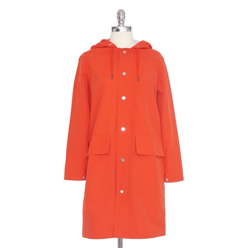 XS- J. Peterman ‘Pray for Rain’ Bright Red Hooded Raincoat Blue Stripe Inside
